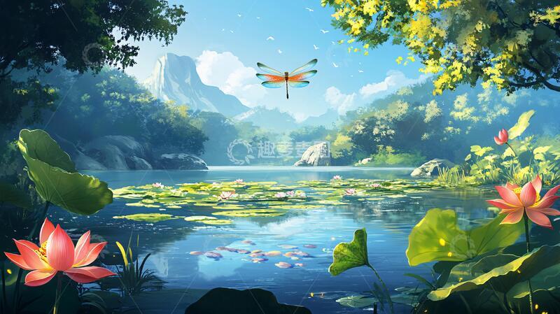 高清大图下载【趣麦麦图】落有蜻蜓的荷花6