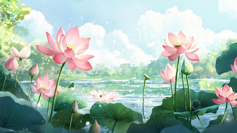 高清大图下载【趣麦麦图】荷花池插画荷花荷塘背景