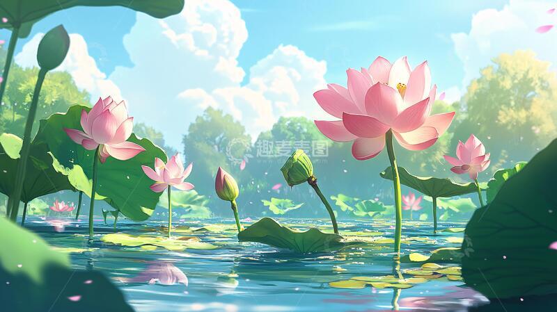 高清大图下载【趣麦麦图】荷花大场景插画荷花场景