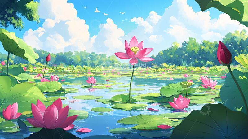 高清大图下载【趣麦麦图】夏天荷塘插画14