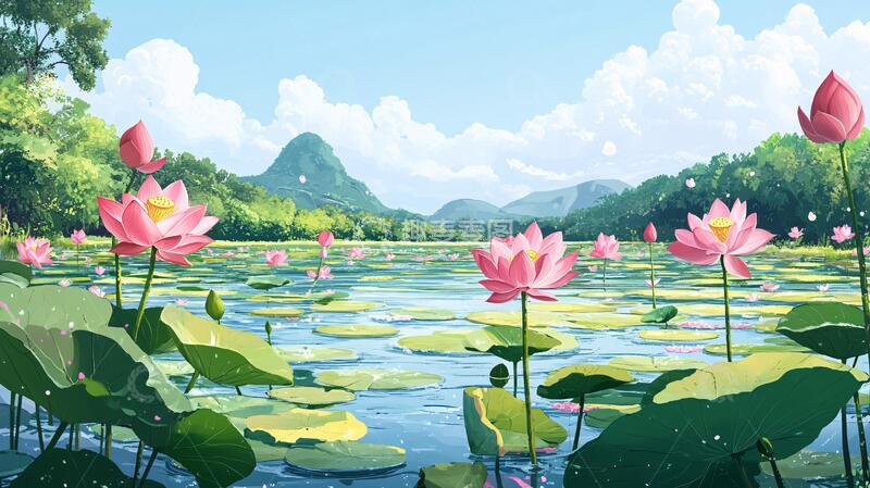高清大图下载【趣麦麦图】荷花池插画荷花插画手绘