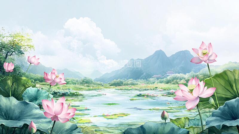 高清大图下载【趣麦麦图】荷花背景荷花场景古风