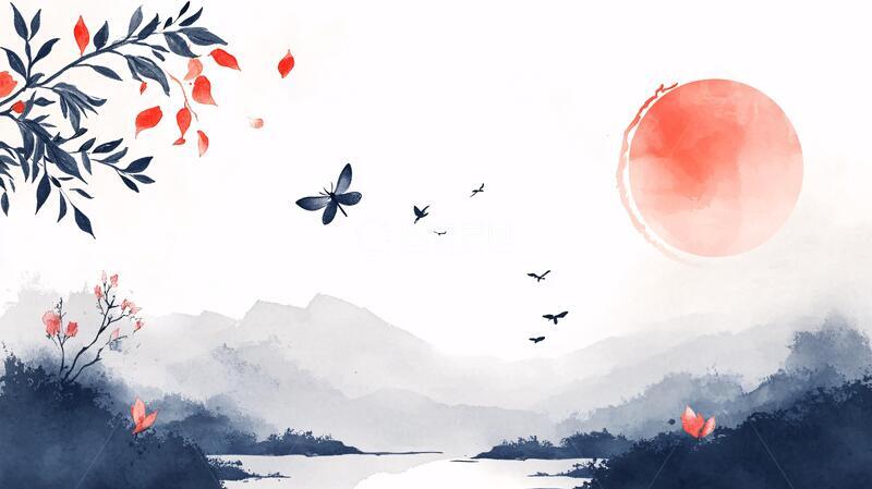 高清大图下载【趣麦麦图】树叶水墨山水画