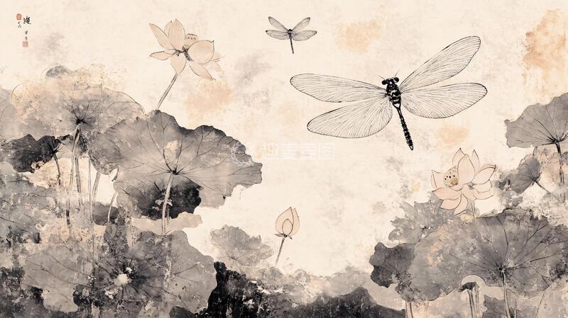 高清大图下载【趣麦麦图】蜻蜓荷花图蜻蜓荷花插画