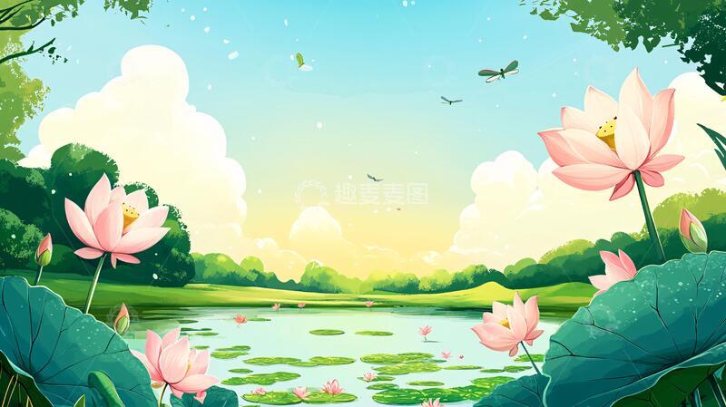 高清大图下载【趣麦麦图】夏天荷塘插画33