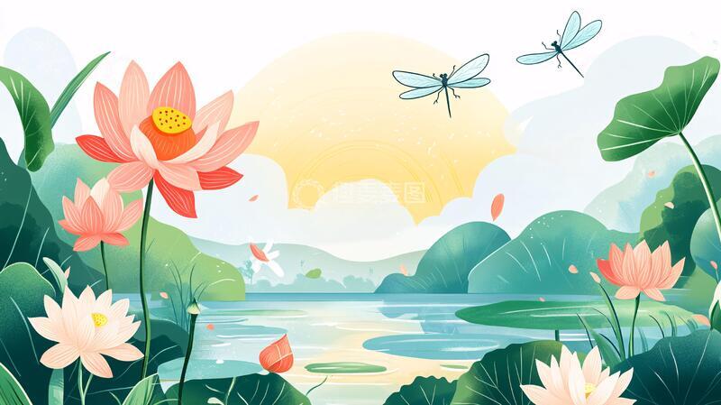 高清大图下载【趣麦麦图】夏天荷塘插画31