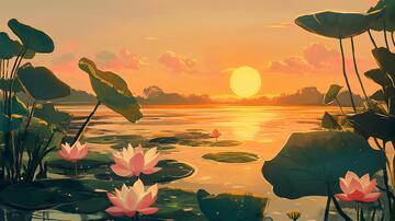 荷塘插画插画荷花美景