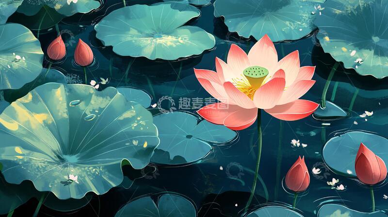 高清大图下载【趣麦麦图】荷花背景荷花插画背景