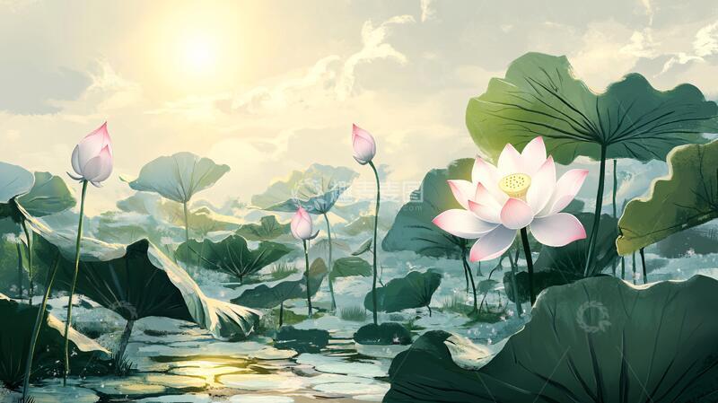高清大图下载【趣麦麦图】荷塘插画荷花插画背景1