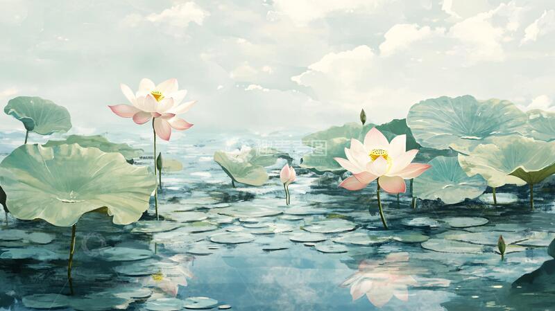高清大图下载【趣麦麦图】荷花池插画荷花插画意境1