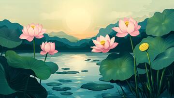 荷塘插画插画荷花手绘