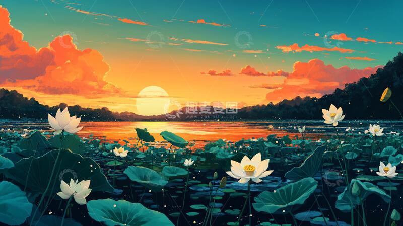 高清大图下载【趣麦麦图】夕阳全景荷花6