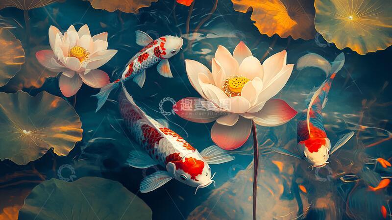 高清大图下载【趣麦麦图】荷花锦鲤插画39