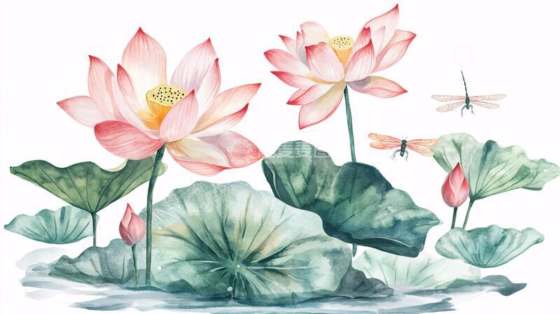 高清大图下载【趣麦麦图】手绘荷花水彩荷花