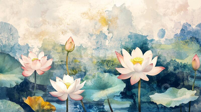 高清大图下载【趣麦麦图】水彩荷花背景墙8