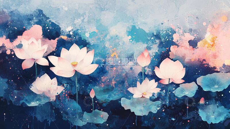 高清大图下载【趣麦麦图】水彩荷花背景墙11