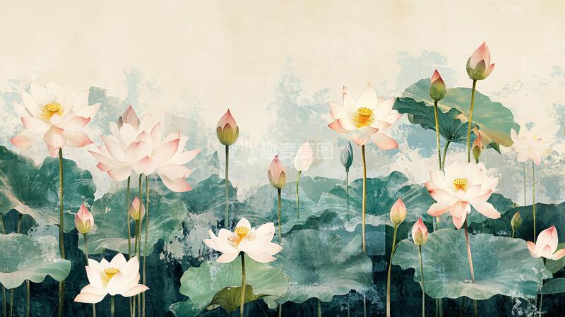 高清大图下载【趣麦麦图】新中式荷花壁画2