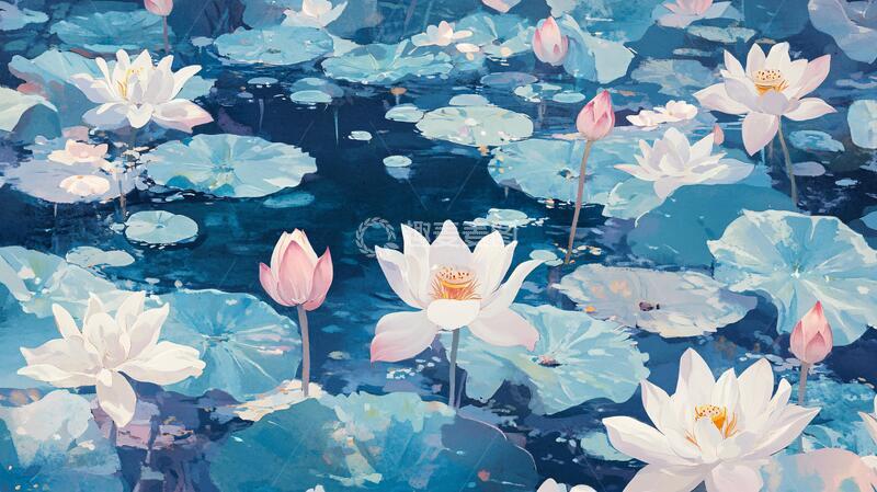 高清大图下载【趣麦麦图】睡莲插画插画荷塘荷花