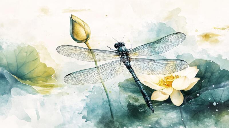 高清大图下载【趣麦麦图】蜻蜓荷花插画10
