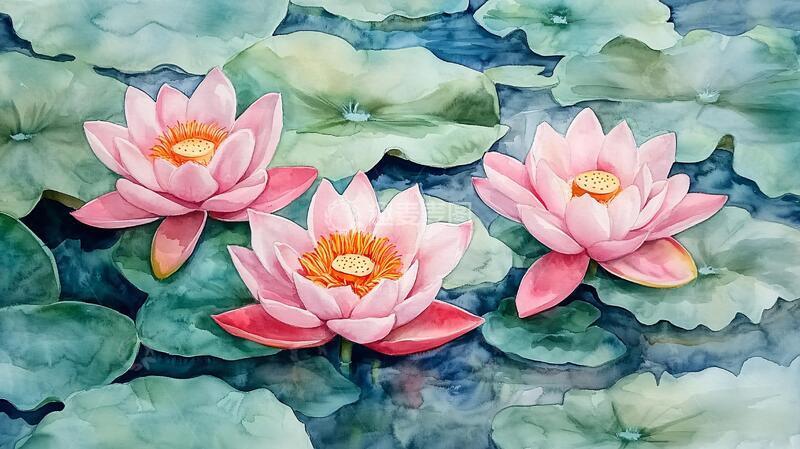 高清大图下载【趣麦麦图】水彩绘画荷花