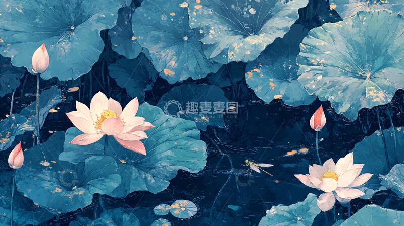高清大图下载【趣麦麦图】深蓝背景荷花图9