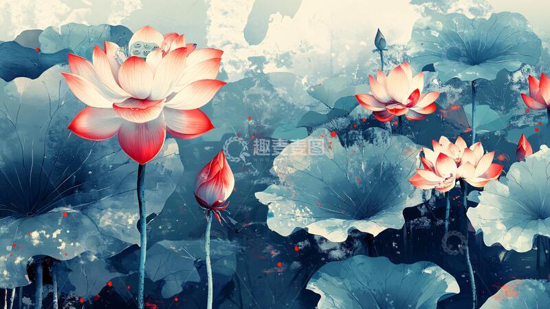 高清大图下载【趣麦麦图】荷花背景荷花水墨壁画