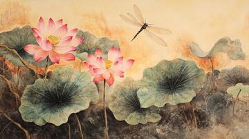 工笔荷塘蜻蜓荷花莲花