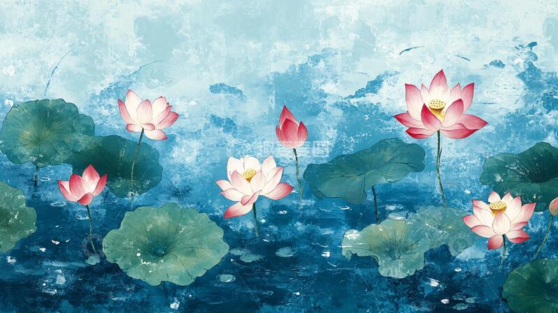 高清大图下载【趣麦麦图】深蓝背景荷花图8