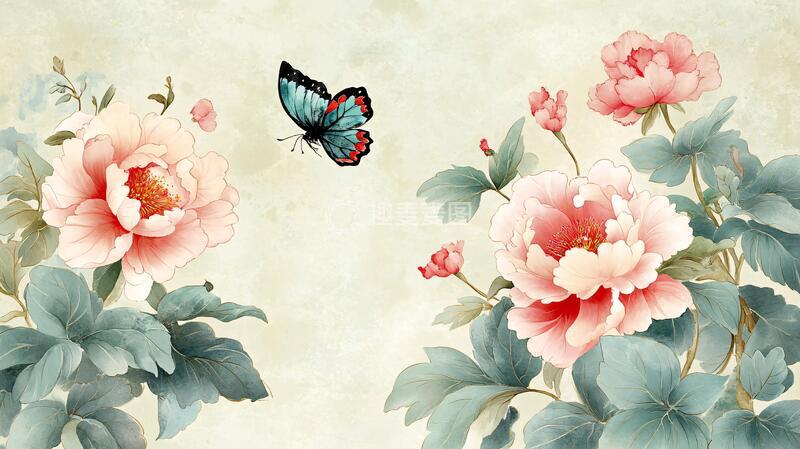 高清大图下载【趣麦麦图】手绘牡丹花鸟壁画3