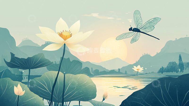 高清大图下载【趣麦麦图】蜻蜓荷花插画8