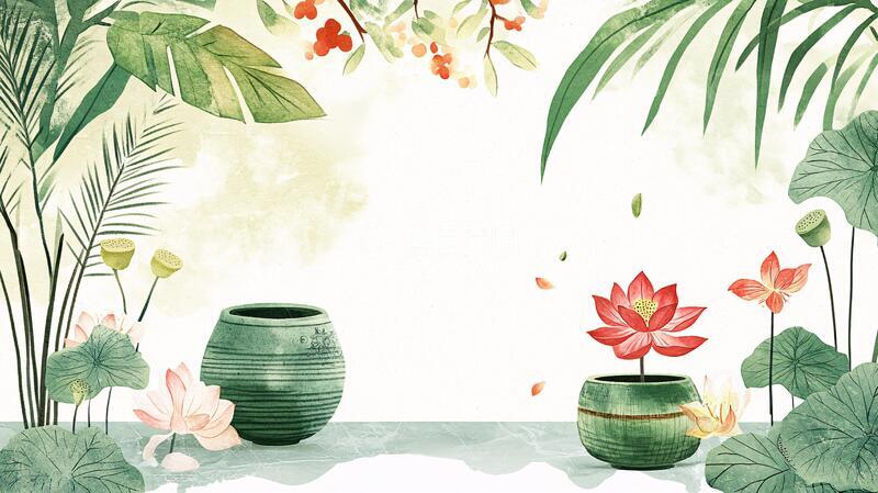 高清大图下载【趣麦麦图】荷花池插画荷花背景插画1
