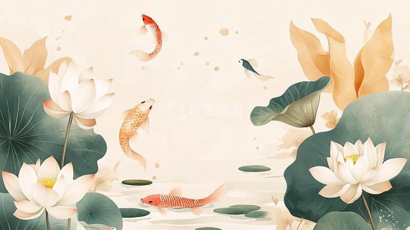 高清大图下载【趣麦麦图】荷花锦鲤插画36