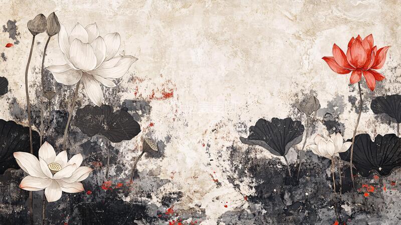 高清大图下载【趣麦麦图】复古壁画水墨荷花6