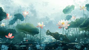 荷塘意境图荷花意境手绘