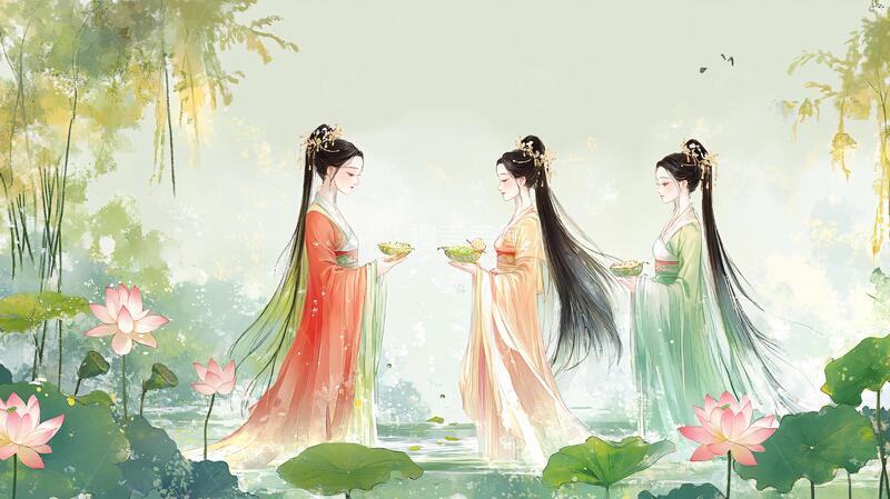 高清大图下载【趣麦麦图】采莲插画仕女插画荷花