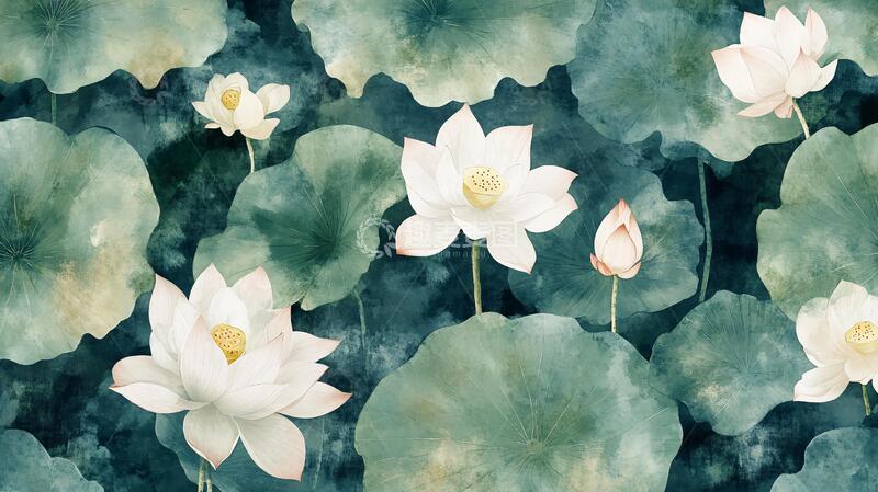 高清大图下载【趣麦麦图】水彩荷花背景墙5