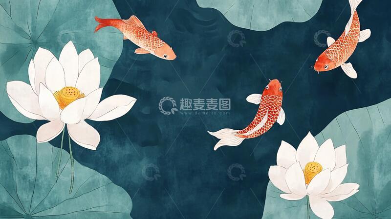 高清大图下载【趣麦麦图】荷花锦鲤插画35