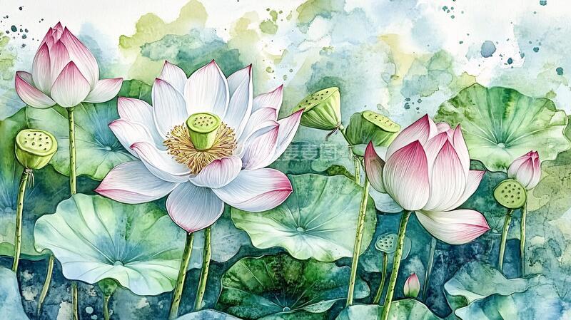 高清大图下载【趣麦麦图】水彩荷花背景墙6