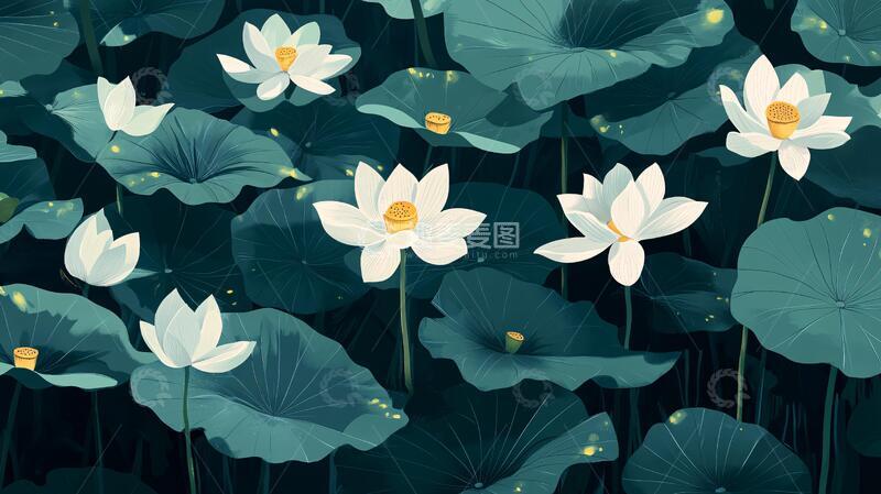 高清大图下载【趣麦麦图】荷花池插画荷花背景插画