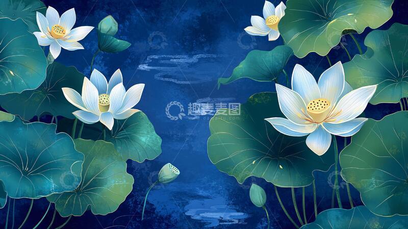 高清大图下载【趣麦麦图】深蓝背景荷花图6