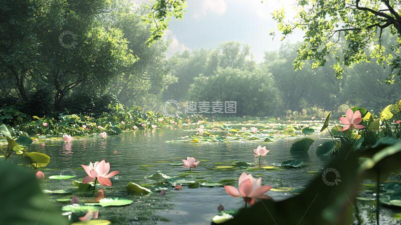 高清大图下载【趣麦麦图】雾气缭绕的荷花池1