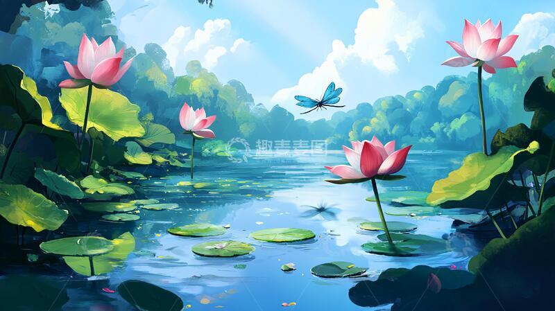 高清大图下载【趣麦麦图】荷塘插画插画荷塘荷花1