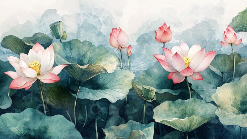 高清大图下载【趣麦麦图】水彩荷花背景墙3