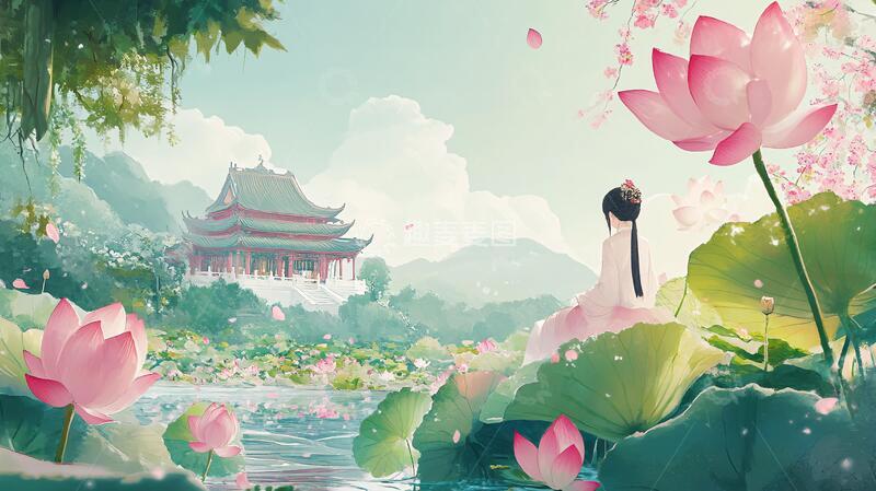 高清大图下载【趣麦麦图】采莲插画插画荷花姑娘