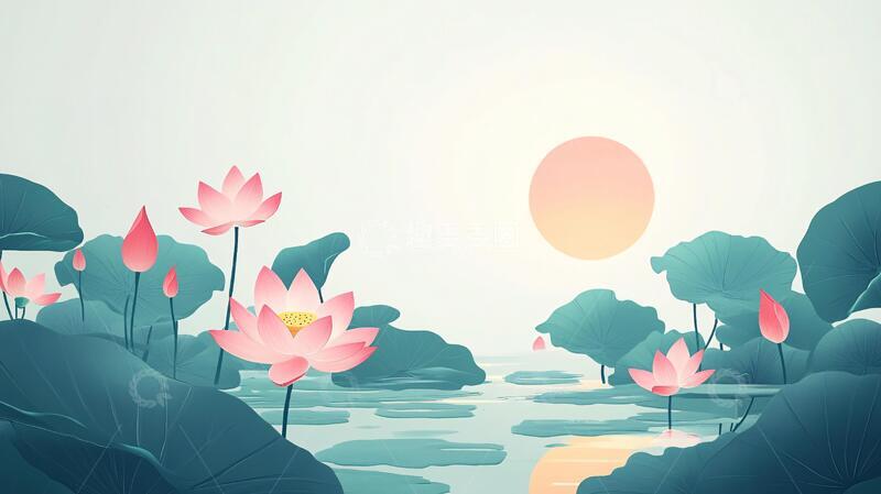 高清大图下载【趣麦麦图】荷塘插画插画荷花荷塘1