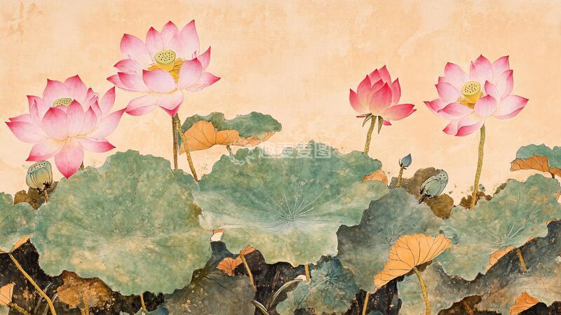 高清大图下载【趣麦麦图】复古壁画水墨荷花5