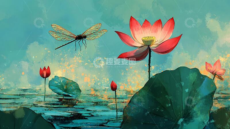 高清大图下载【趣麦麦图】蜻蜓荷花插画5