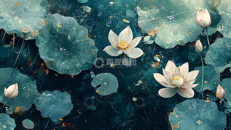 高清大图下载【趣麦麦图】蓝色荷花壁画5