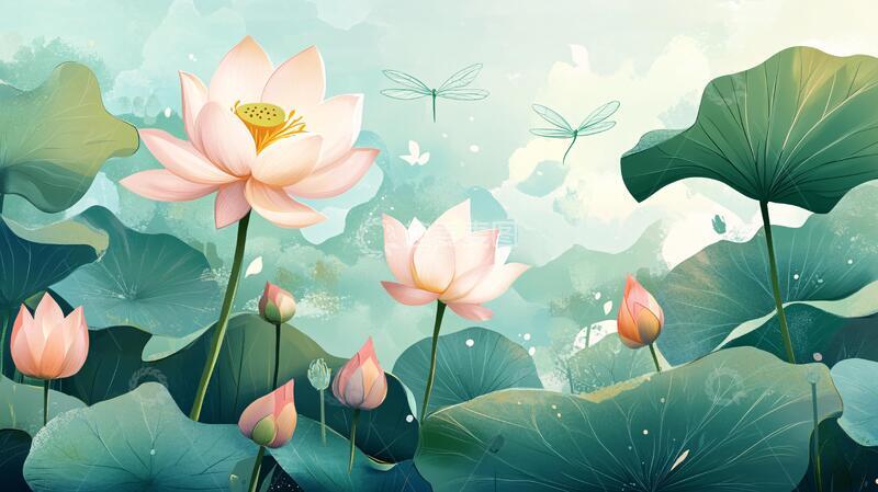 高清大图下载【趣麦麦图】夏天荷塘插画19