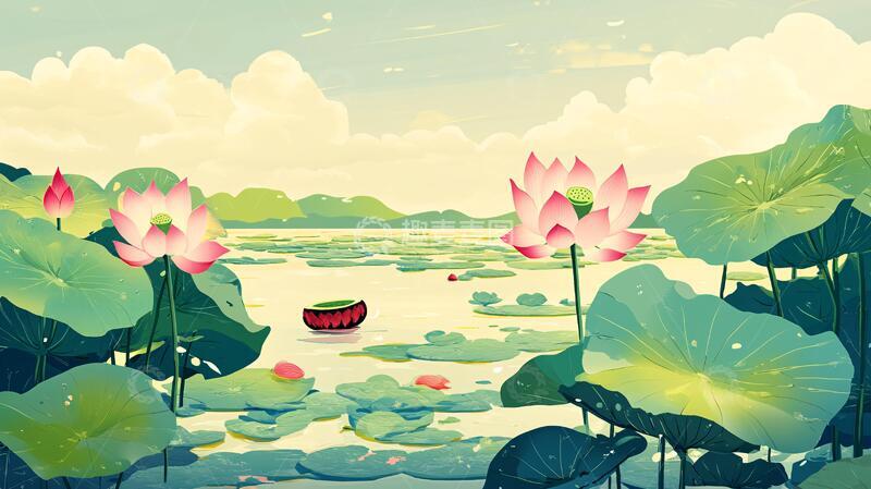 高清大图下载【趣麦麦图】夏天荷塘插画17